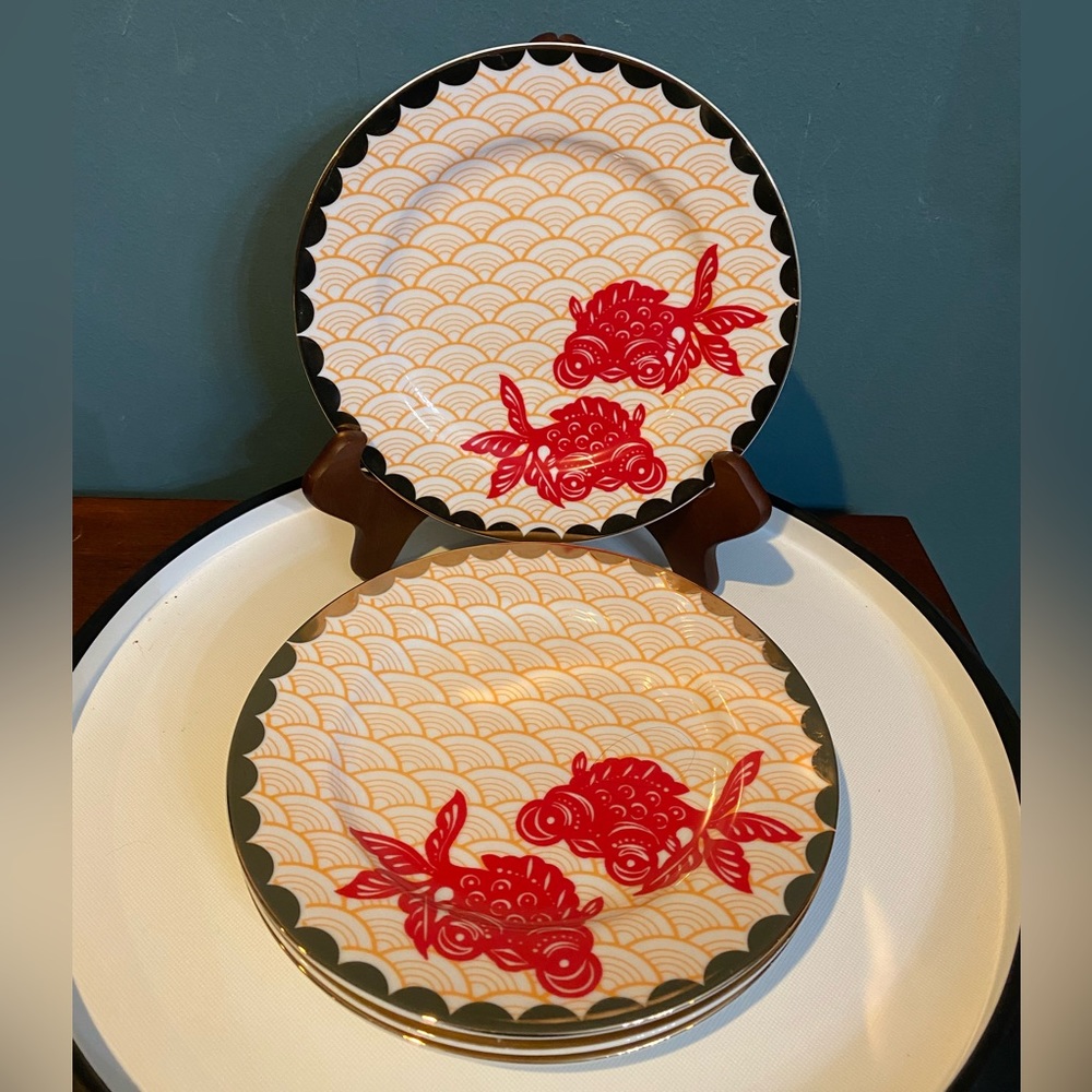 Set of 4 Anthropologie Dessert Plates Koi Fish Goldfish Salad Gold Scallop Trim